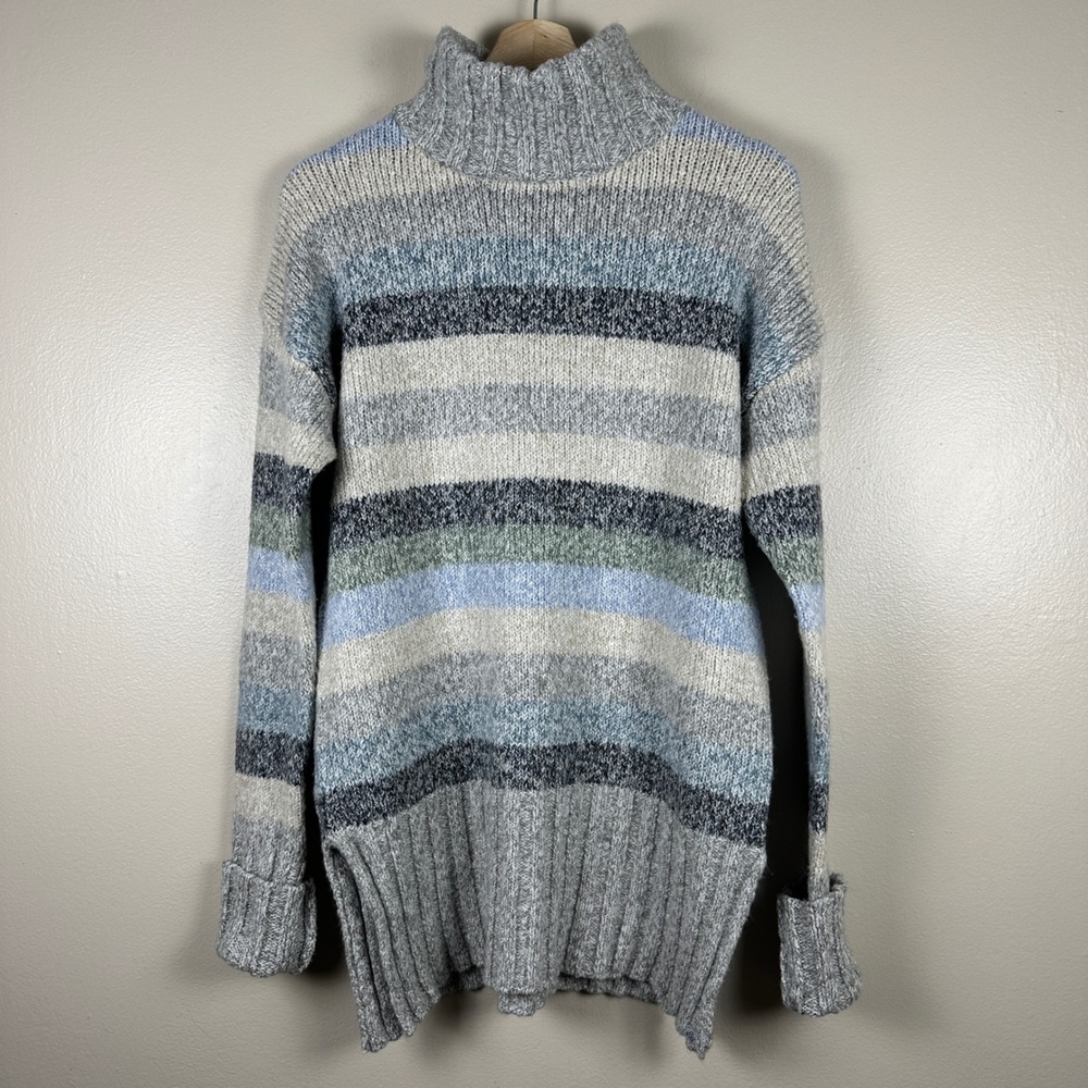 Eddie Bauer Women's XS Sweater Grey Multi Striped Chunky Turtleneck Preppy Cozy
